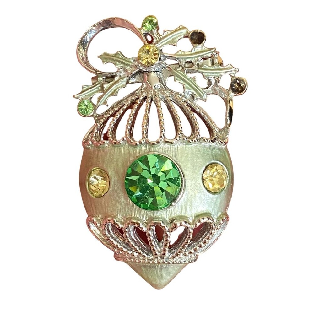 Vintage Holiday Pin Brooch Elegant w Embedded Rhinestones Heavy Well Made